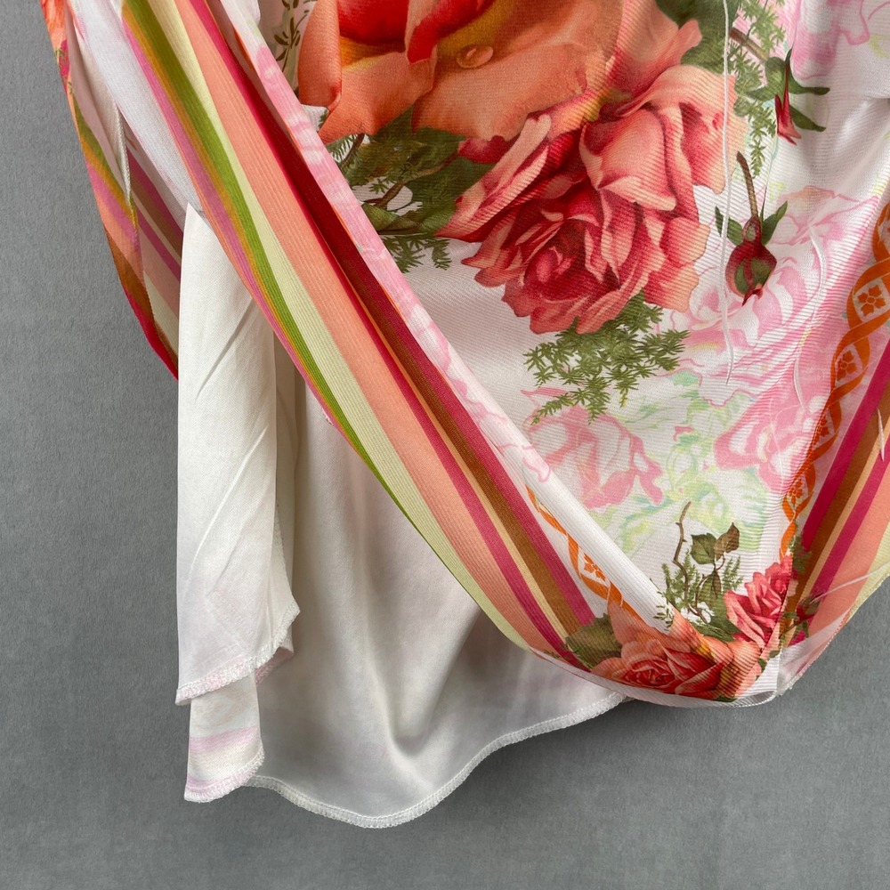 VTG Lavish Floral Rose Print Kaftan Blouse White Pink Orange Striped L USA Made - Picture 4 of 12